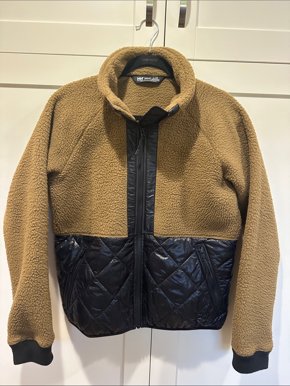 Helly Hansen Tan Sherpa Fleece Jacket with Black Quilted Panels